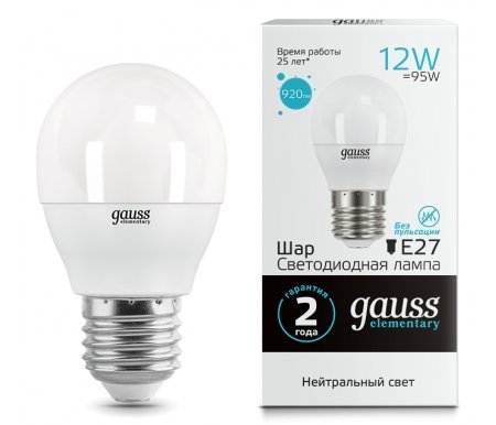 

Лампа Gauss, светодиодная LED Elementary Шар 12W 920lm E27 4100K